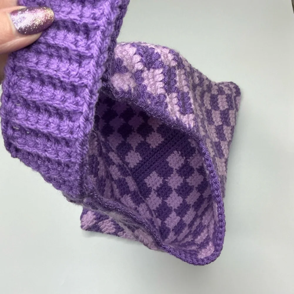 Handmade Amethyst & Soft‎ Purple Checker Checkerboard Crochet Shoulder Tote Bag
